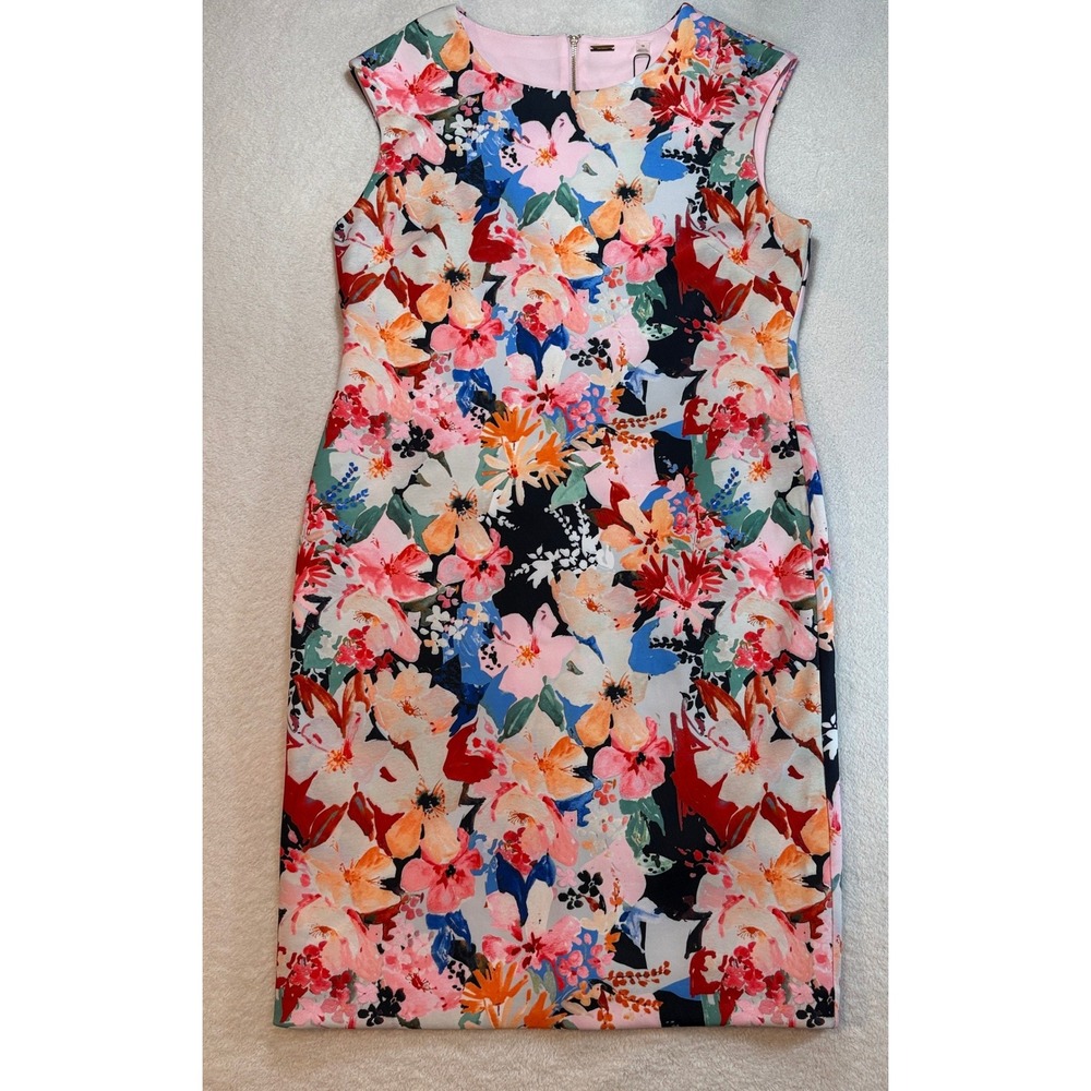 Tahari Watercolor Pink Summer Floral Sheath Dress HD967010 Size 14 NWT - Picture 2 of 12